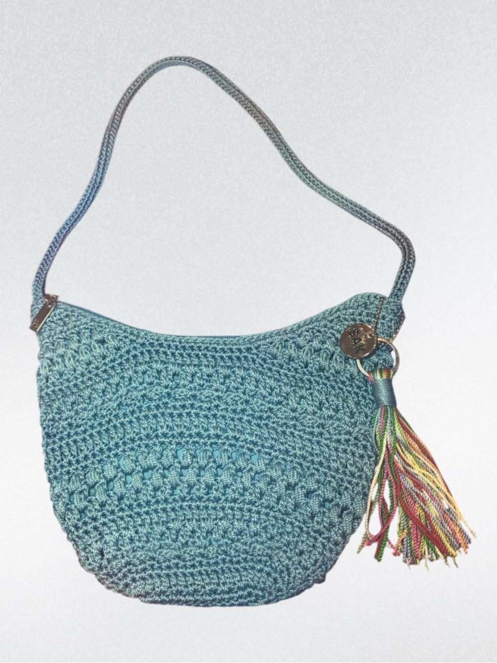 The Sak  Crochet Shoulder Bag Blue With Tassel 10” X 7”